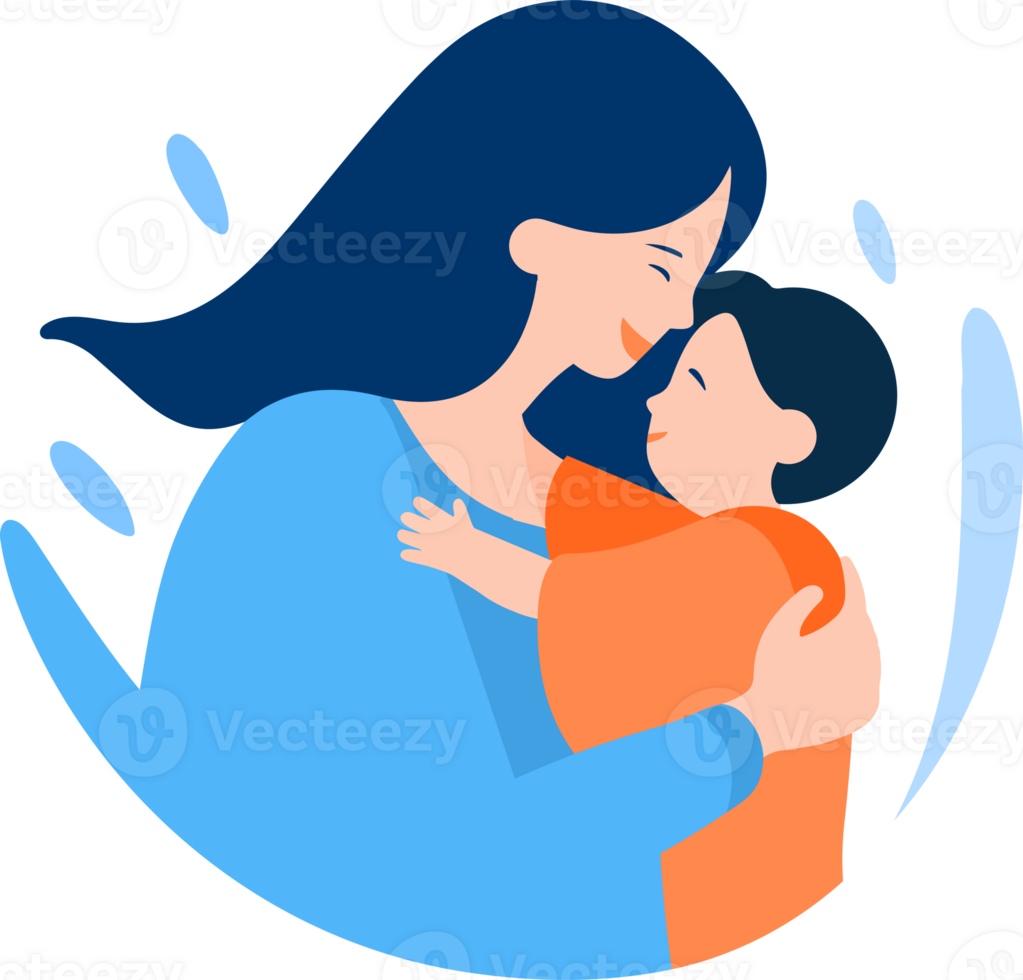 Hand Drawn Mother hugging her child happily in flat style png