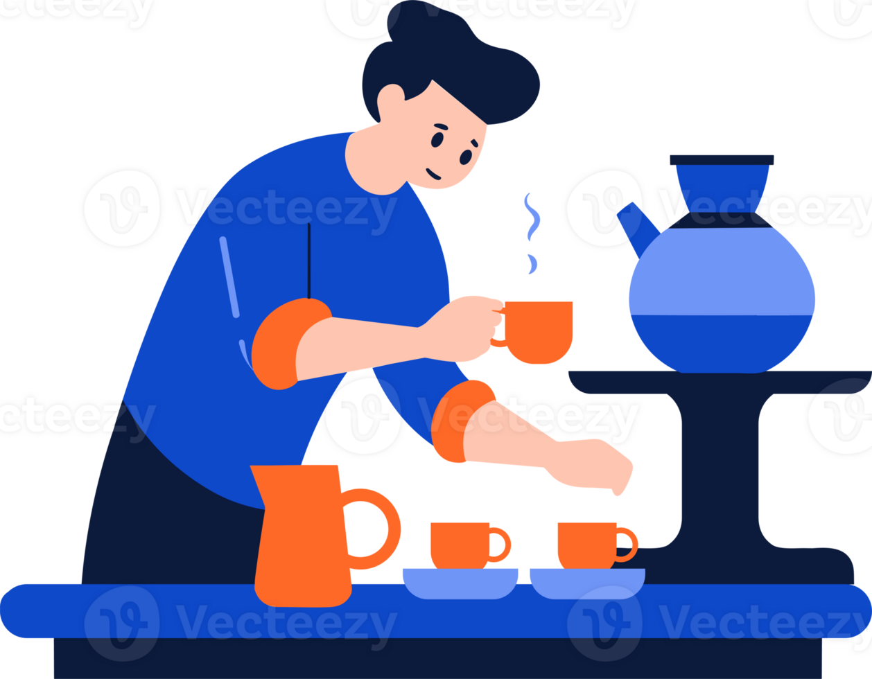 Hand Drawn Barista making coffee happily in flat style png