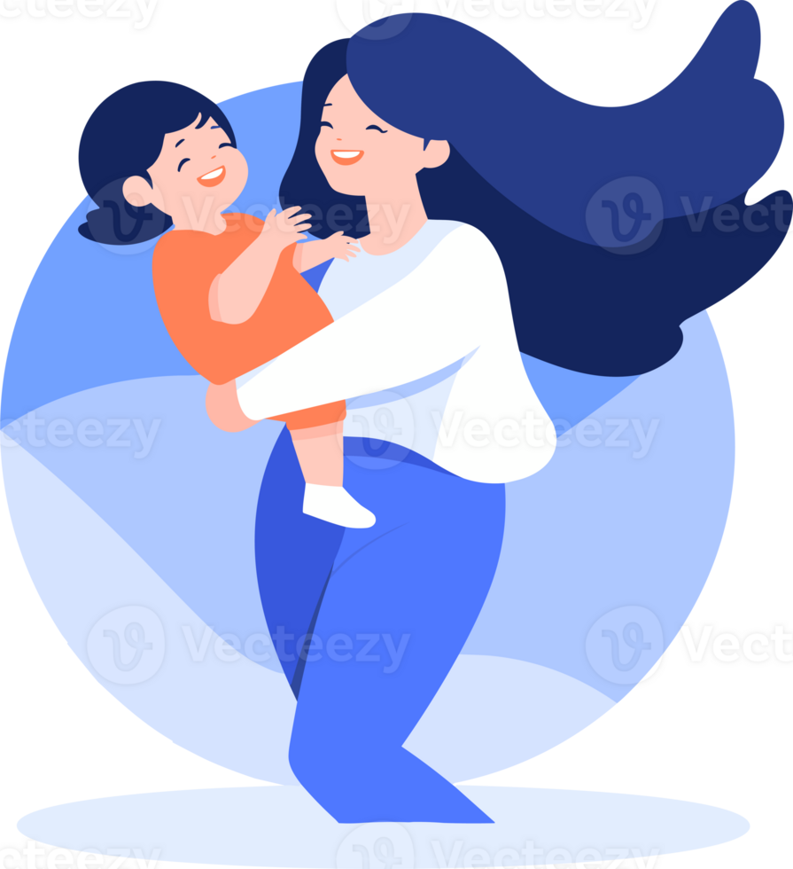 Hand Drawn Mother hugging her child happily in flat style png