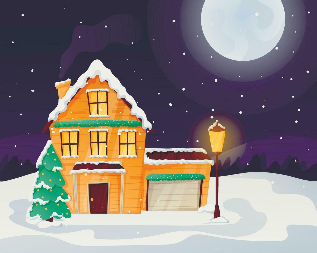 Night Christmas winter landscape with moon and snowfall. A cozy house with light in the windows, littered with snow and drifts. vector