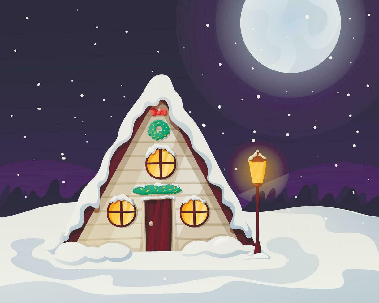 Night Christmas winter landscape with moon and snowfall. A cozy house with light in the windows, littered with snow and drifts. vector