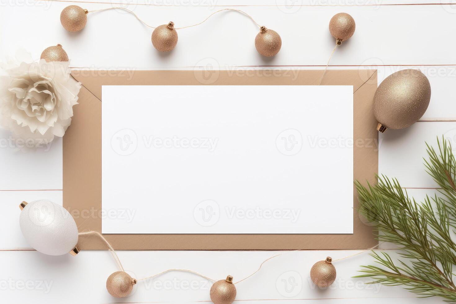 Christmas greeting card, blank card with envelope with Christmas decorations, photo