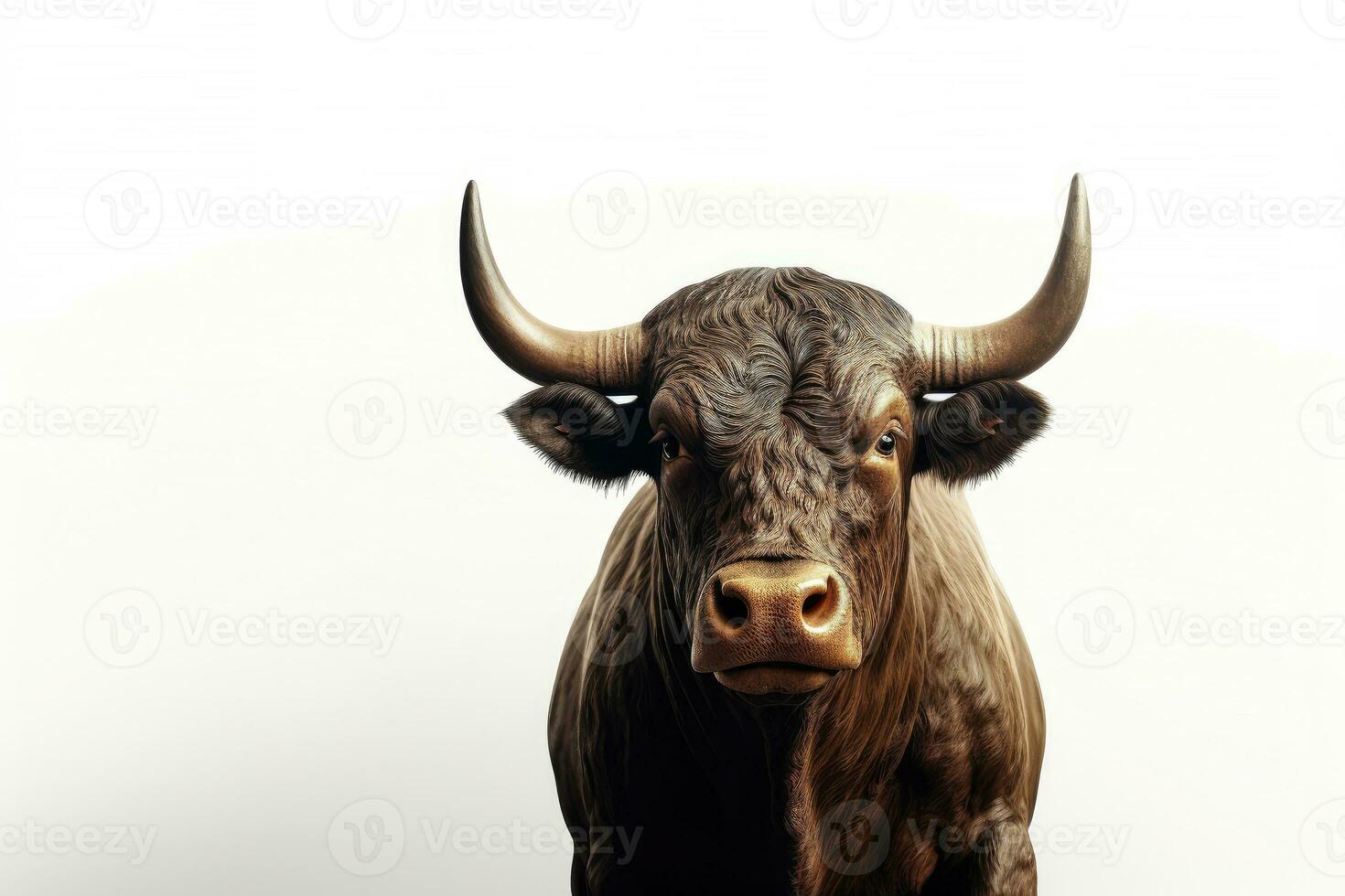 Strongest dark brown bull with muscles and long horns portrait looking at camera isolated on clear png background, Animals Fighter concept, with Generative Ai. photo