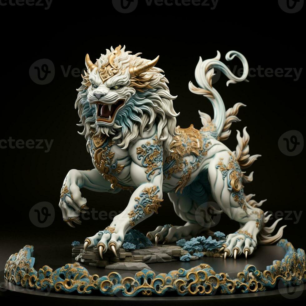 high detailed 3d sculpture the Qilin a top of pedestal. ai generated photo
