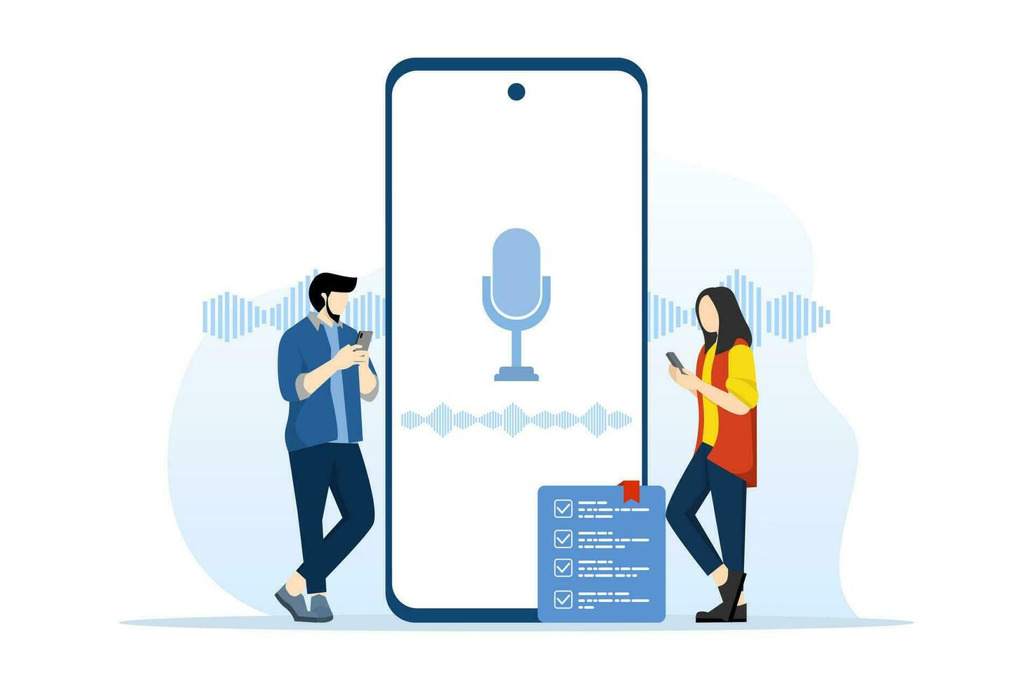 online assistant concept. people characters use speaker recognition, voice control, virtual assistant, identification, hotline operator. Flat design vector illustration concept on white background.