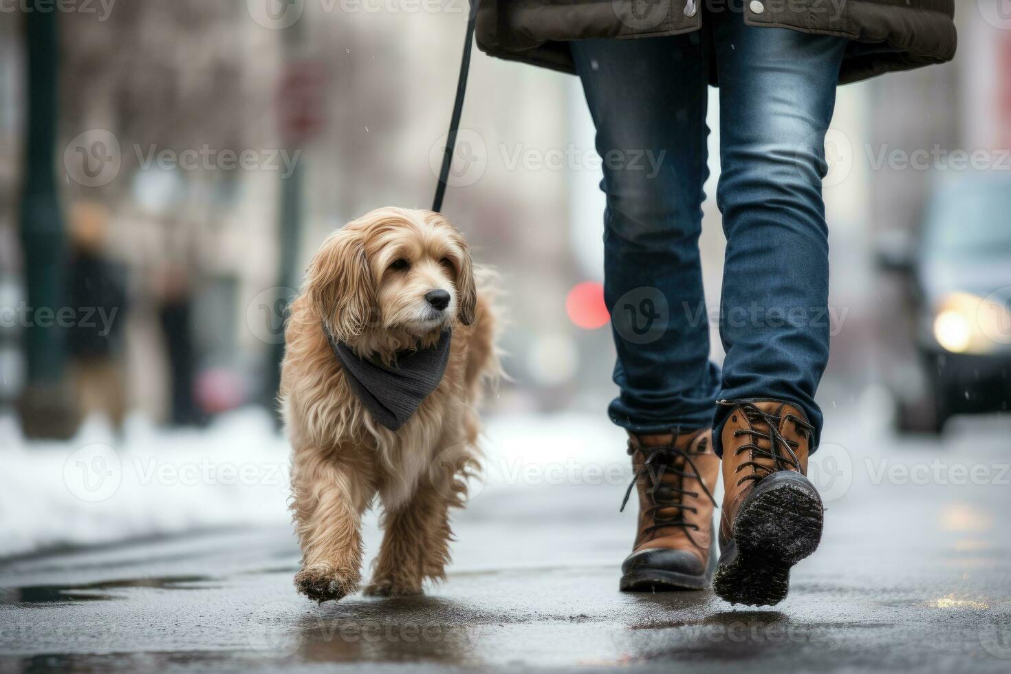 dog walking with unrecognizable owner in city street crosswalk, AI Generated photo