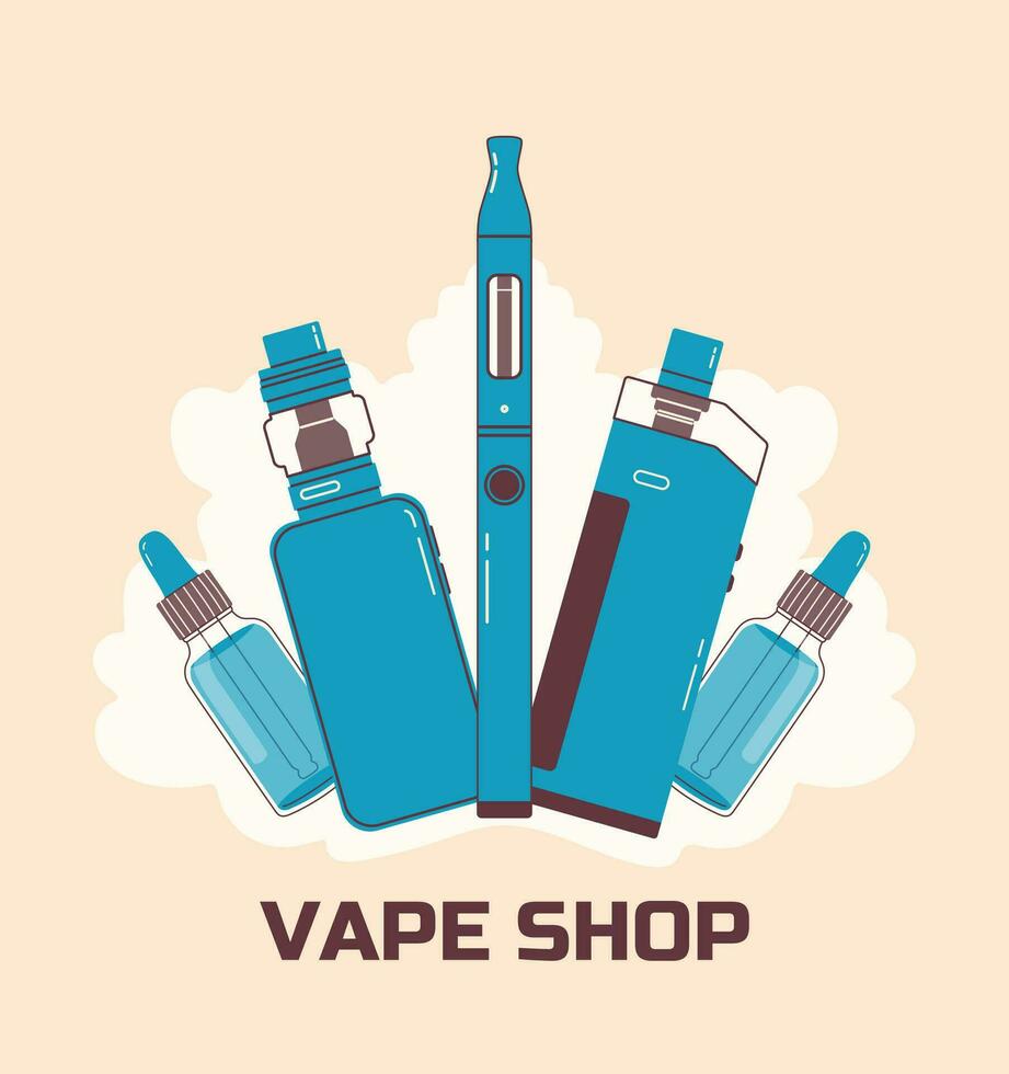 Vape colorful flat illustration logo. Electronic cigarettes and vape concept. Modern vector illustration. Design of vape pens and pod mods. Flat vector design for web.