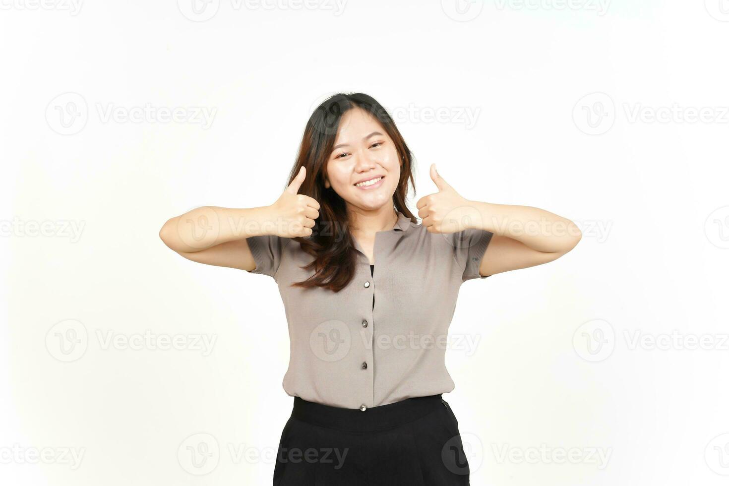 Showing Thumbs up Of Beautiful Asian Woman Isolated On White Background photo