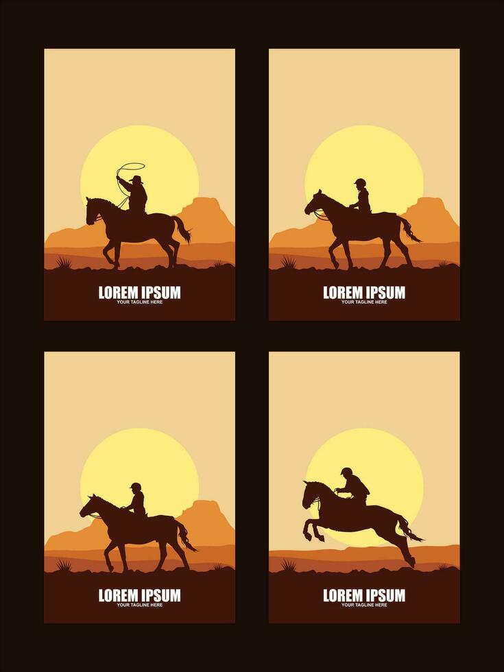 Set of American cowboy riding horse and throwing lasso vector