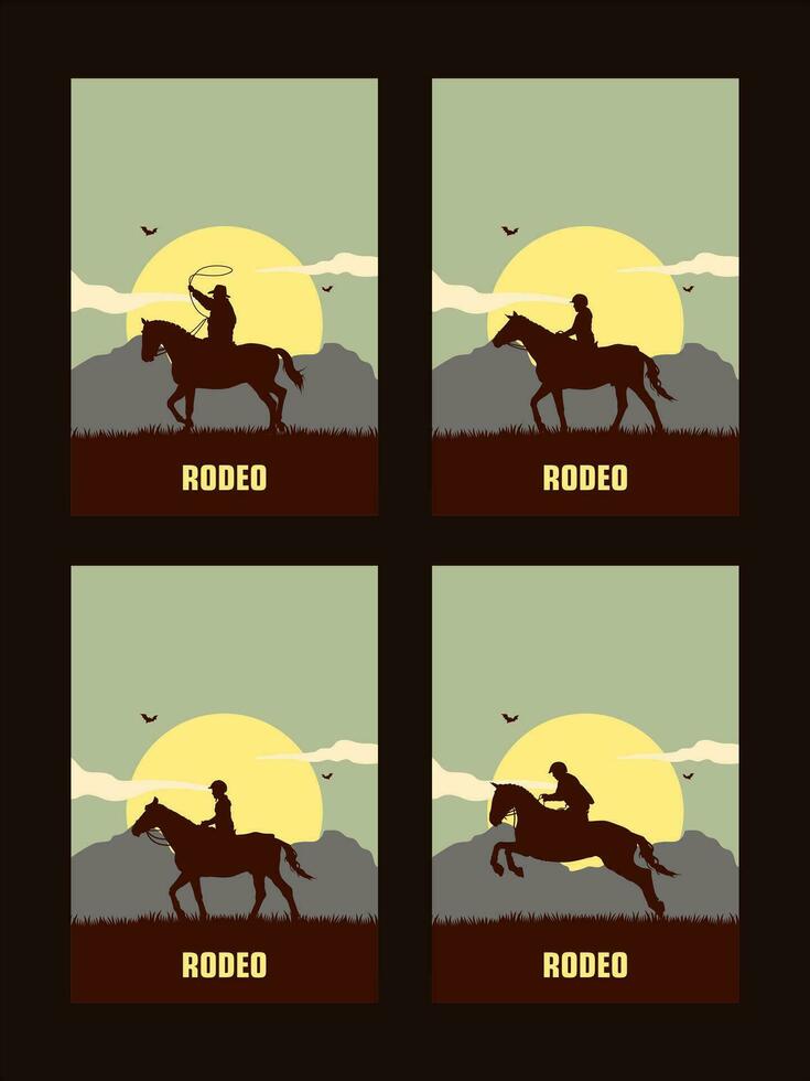 Set of American cowboy riding horse and throwing lasso vector