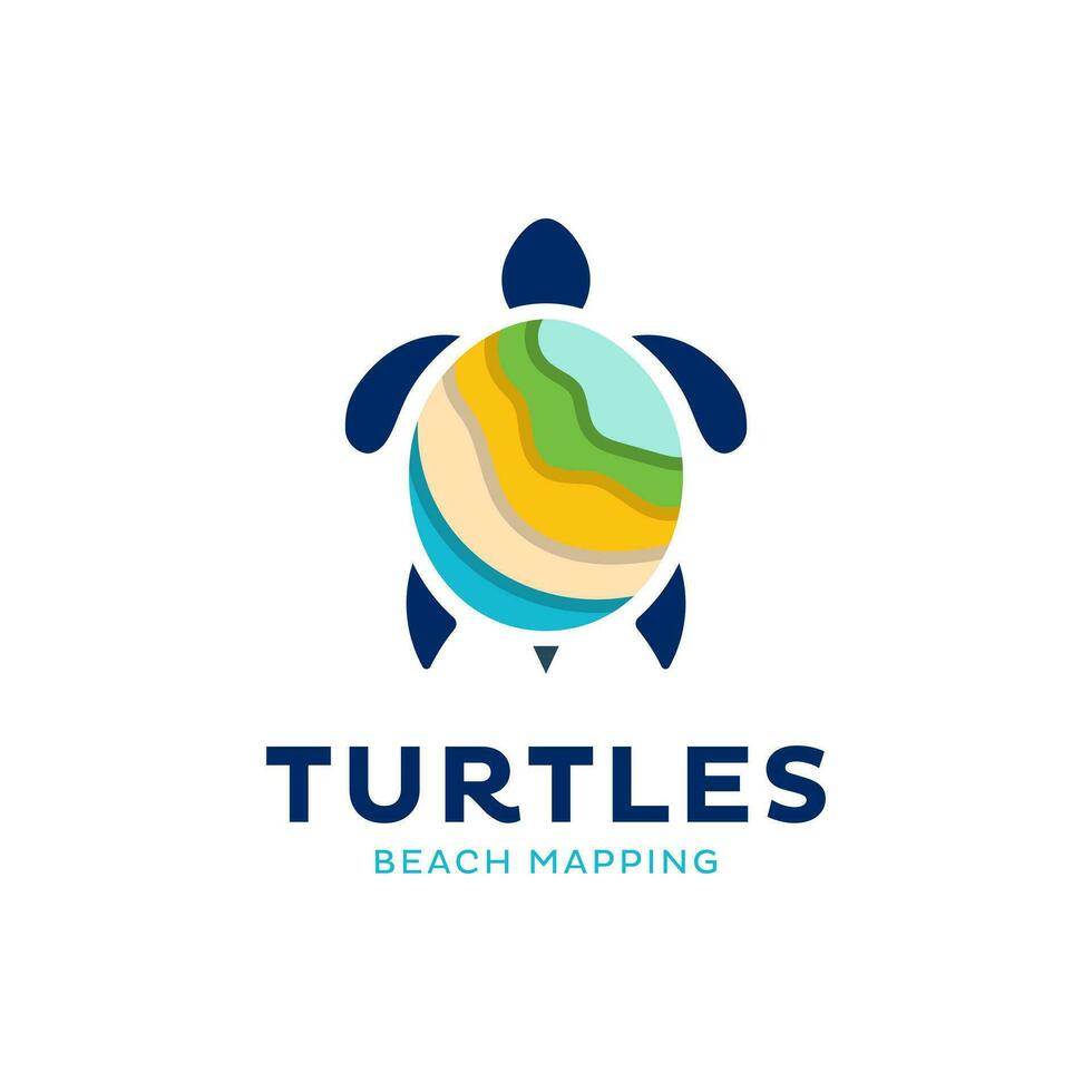 Combination logo of sea turtle and coastal land map. vector