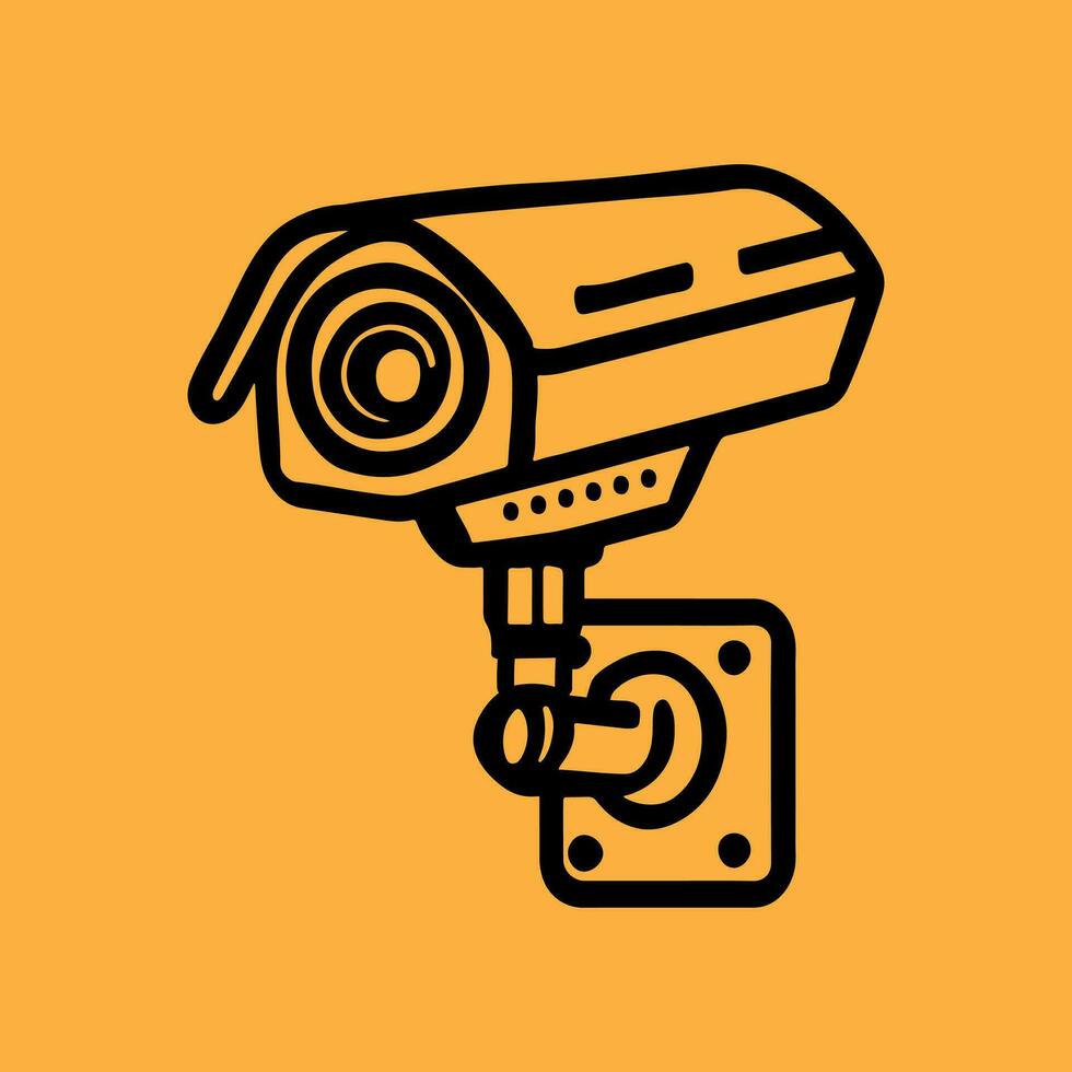 Security camera. CCTV surveillance system. Monitoring, guard equipment, burglary or robbery prevention. Vector illustration isolated on yellow background.