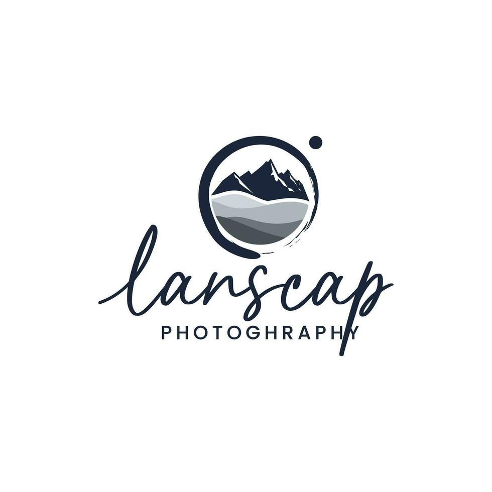 The logo illustration depicts a mountain view inside lens. vector