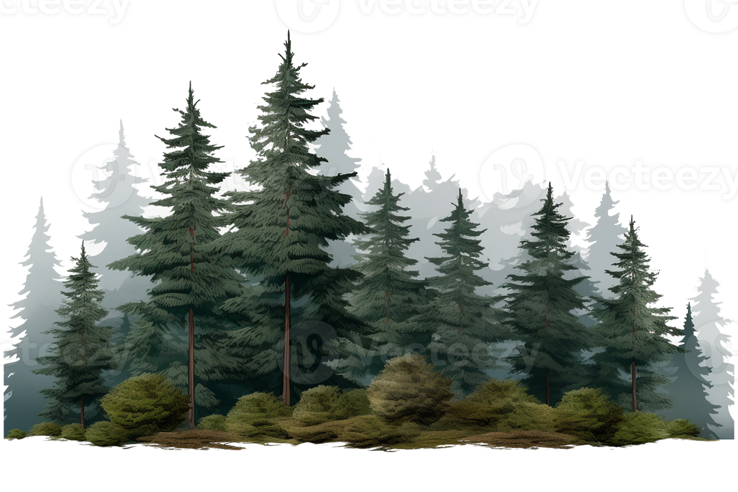 watercolor of small fir forest, group of tree landscape isolated. Generative AI png
