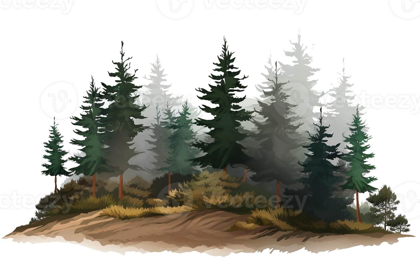 watercolor of small fir forest, group of tree landscape isolated. Generative AI png