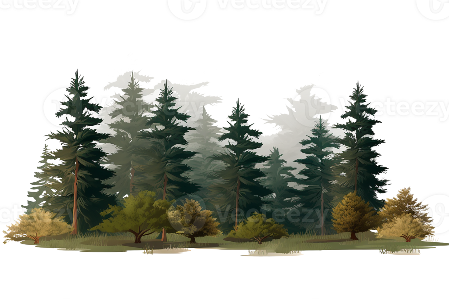 watercolor of small fir forest, group of tree landscape isolated. Generative AI png
