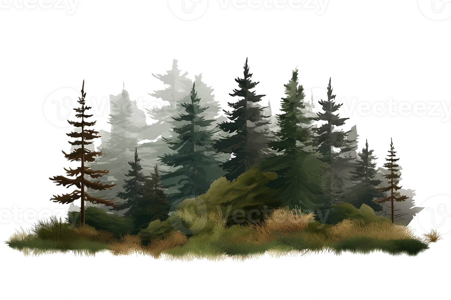 watercolor of small fir forest, group of tree landscape isolated. Generative AI png