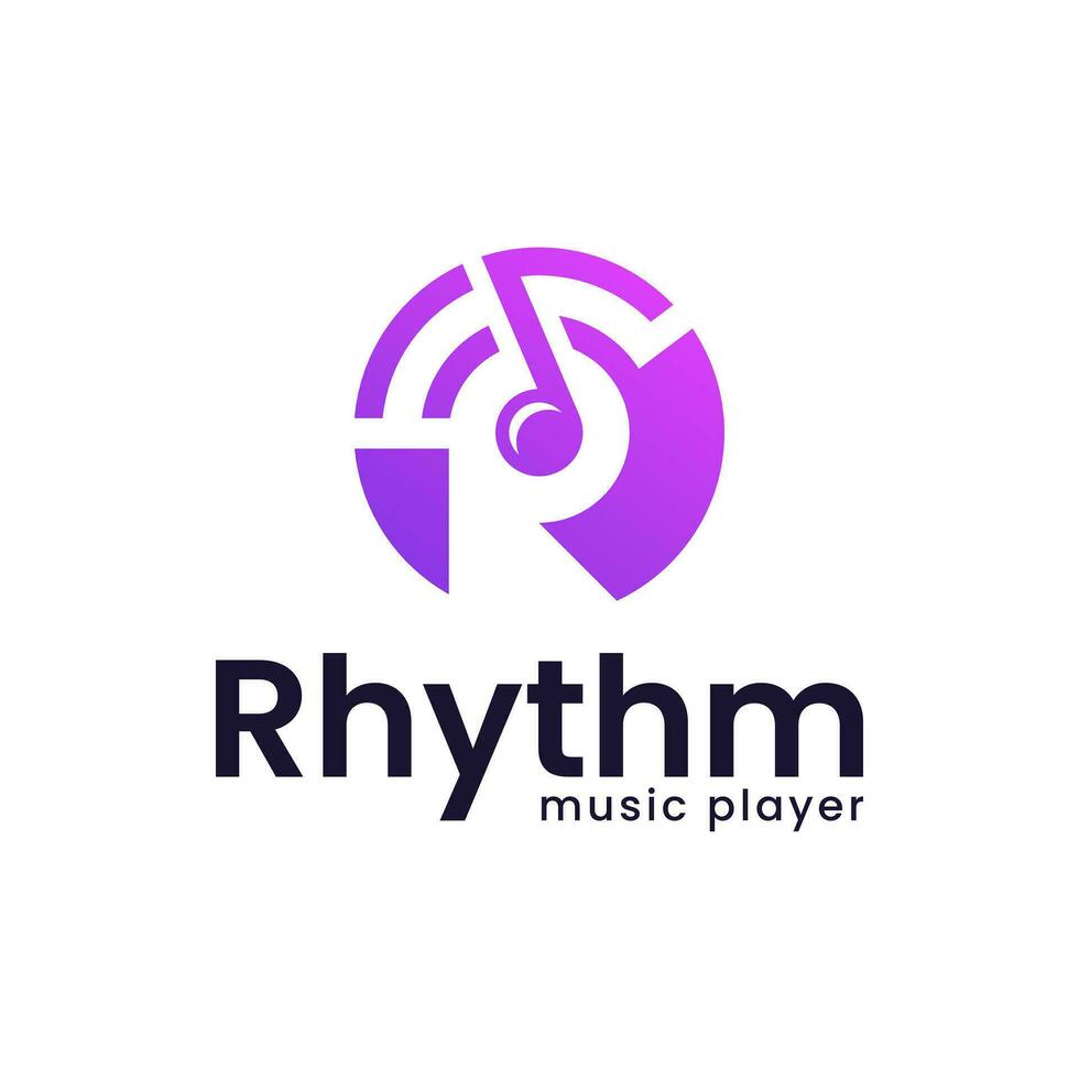 Modern logo combination of vinyl, letter r and musical notes. vector