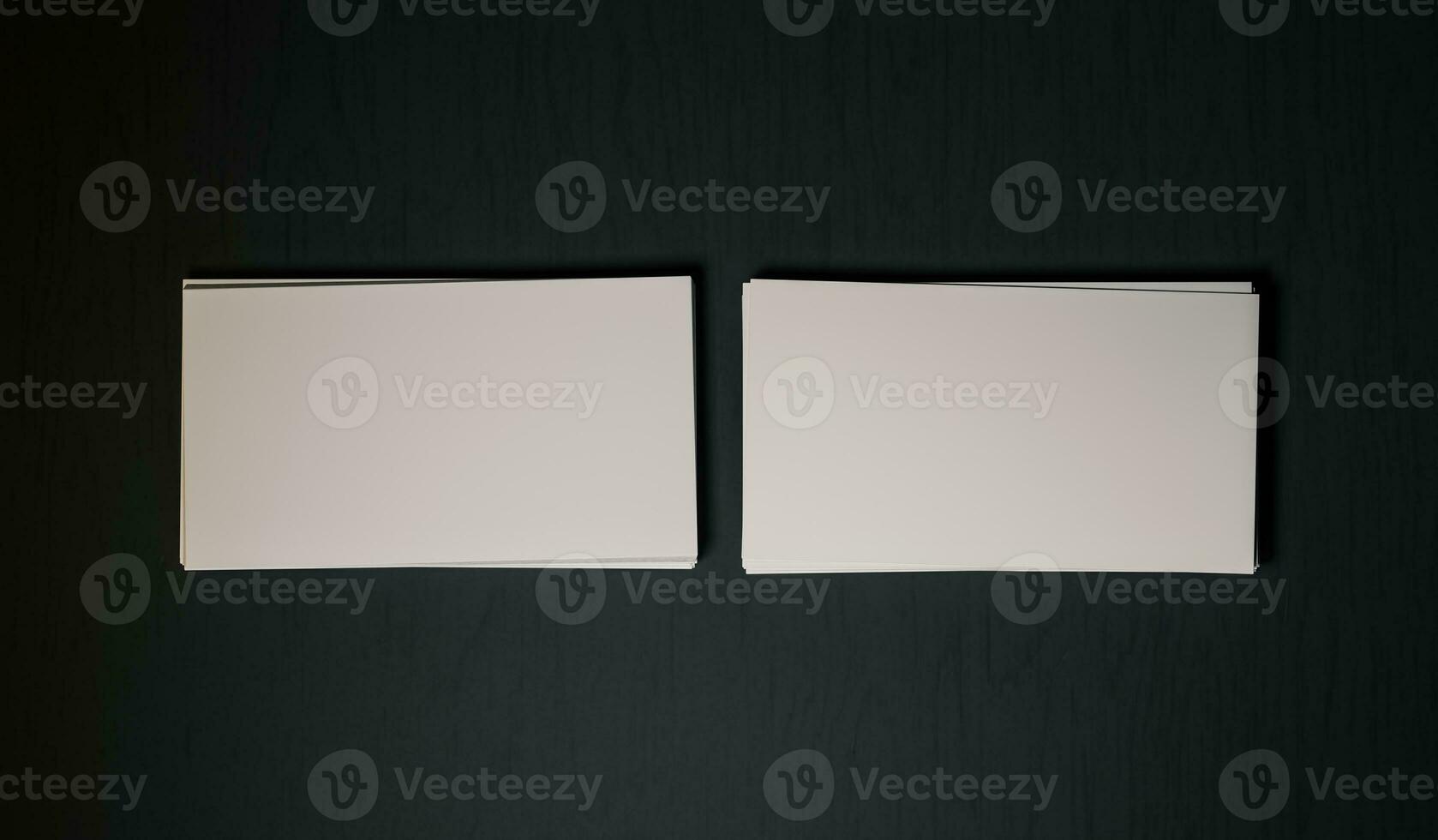 Business cards on the table, stacked in two rows, cards in top view, mockup on black background, 3d illustration image photo