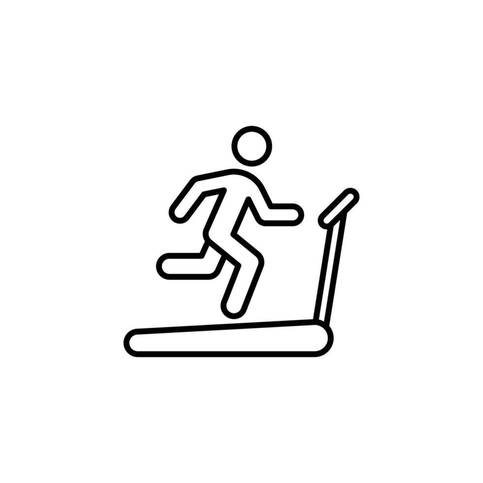 Man running on treadmill icon. Simple outline style. Run, runner, gym equipment, fitness, exercise machine, sport concept. Thin line symbol. Vector isolated on white background. SVG.