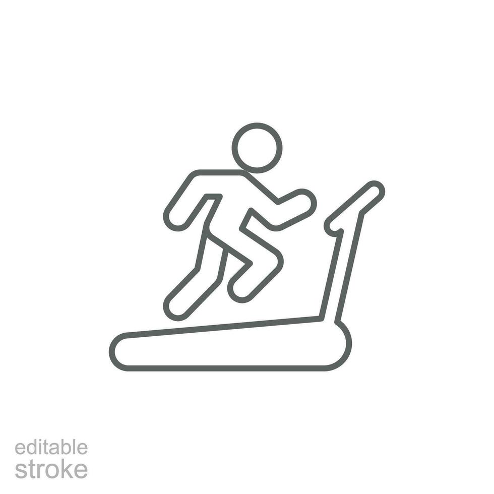 Man running on treadmill icon. Simple outline style. Run, runner, gym equipment, fitness, exercise machine, sport concept. Thin line symbol. Vector isolated on white background. Editable stroke SVG.