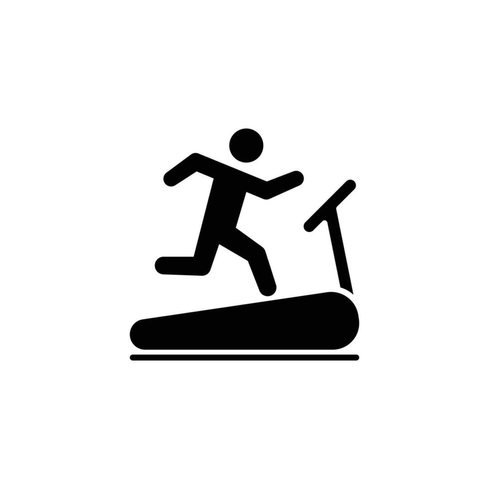 Man running on treadmill icon. Simple solid style. Run, runner, gym equipment, fitness, exercise machine, sport concept. Black silhouette, glyph symbol. Vector isolated on white background. SVG.