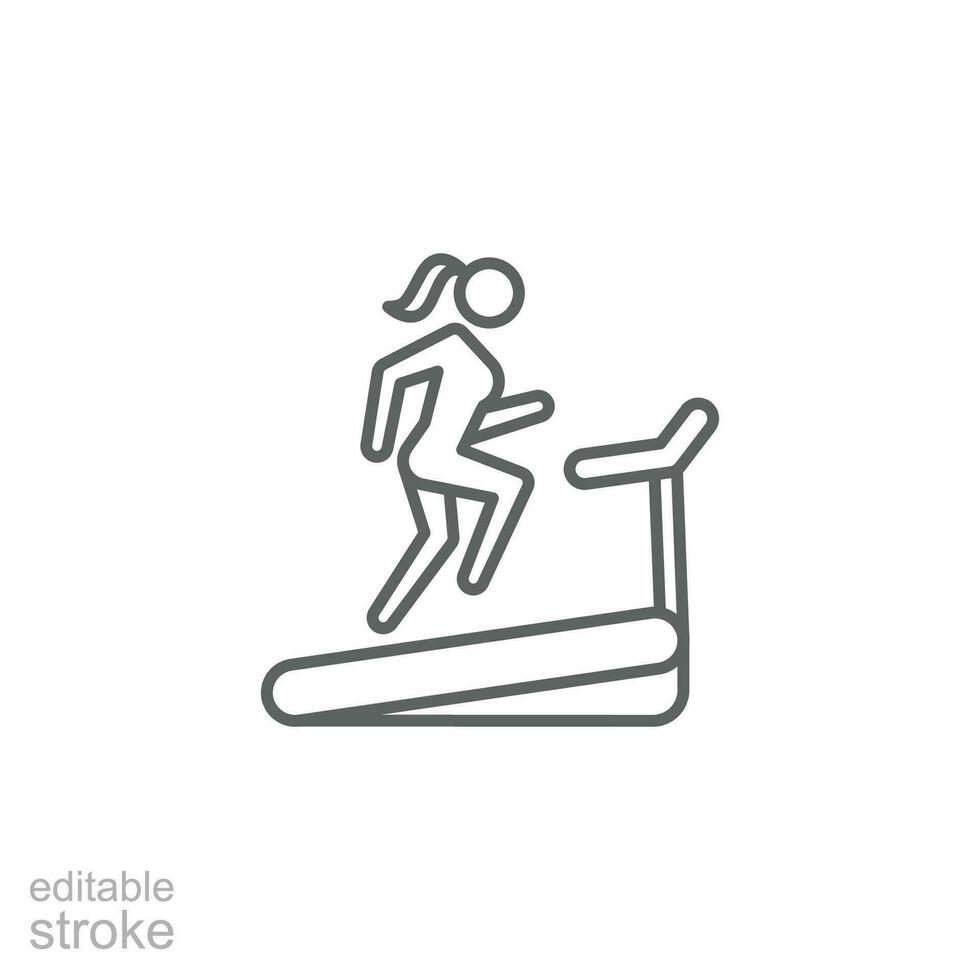 Woman running on treadmill icon. Simple outline style. Run, female, gym equipment, fitness, exercise machine, sport concept. Thin line symbol. Vector isolated on white background. Editable stroke SVG.