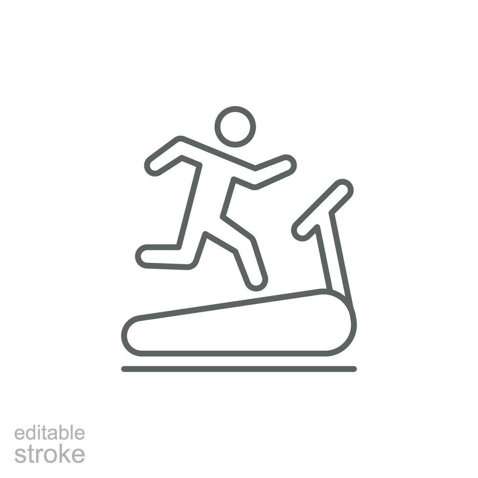 Man running on treadmill icon. Simple outline style. Run, runner, gym equipment, fitness, exercise machine, sport concept. Thin line symbol. Vector isolated on white background. Editable stroke SVG.