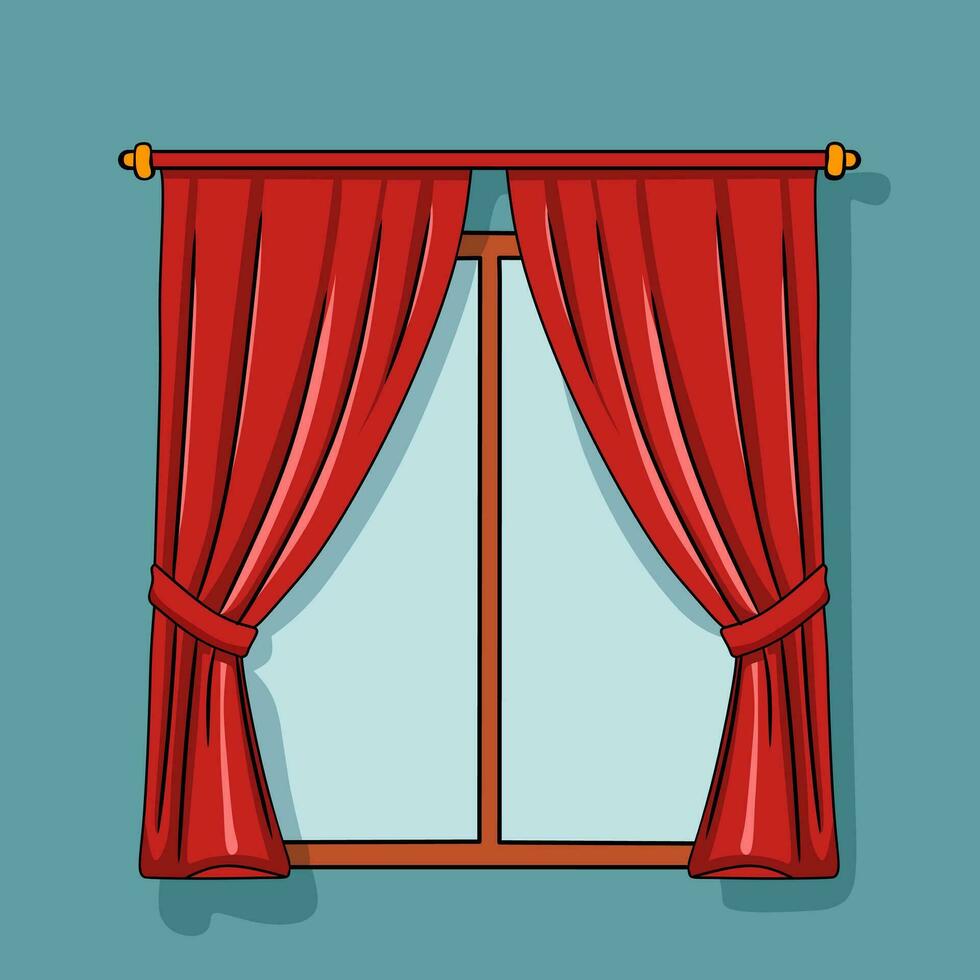 animado ilustración diseño de rojo cortinas con ventanas en un azul antecedentes vector