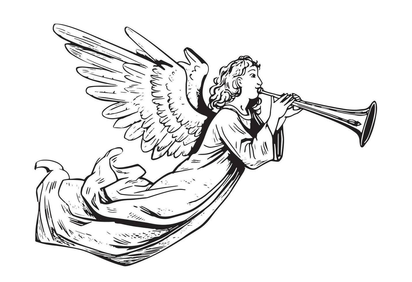 Angel flying and playing on the pipe hand drawn sketch Vector illustration