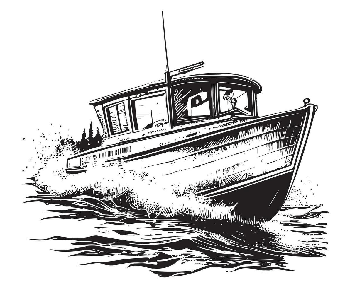 Boat on the river hand drawn sketch in doodle style Vector illustration