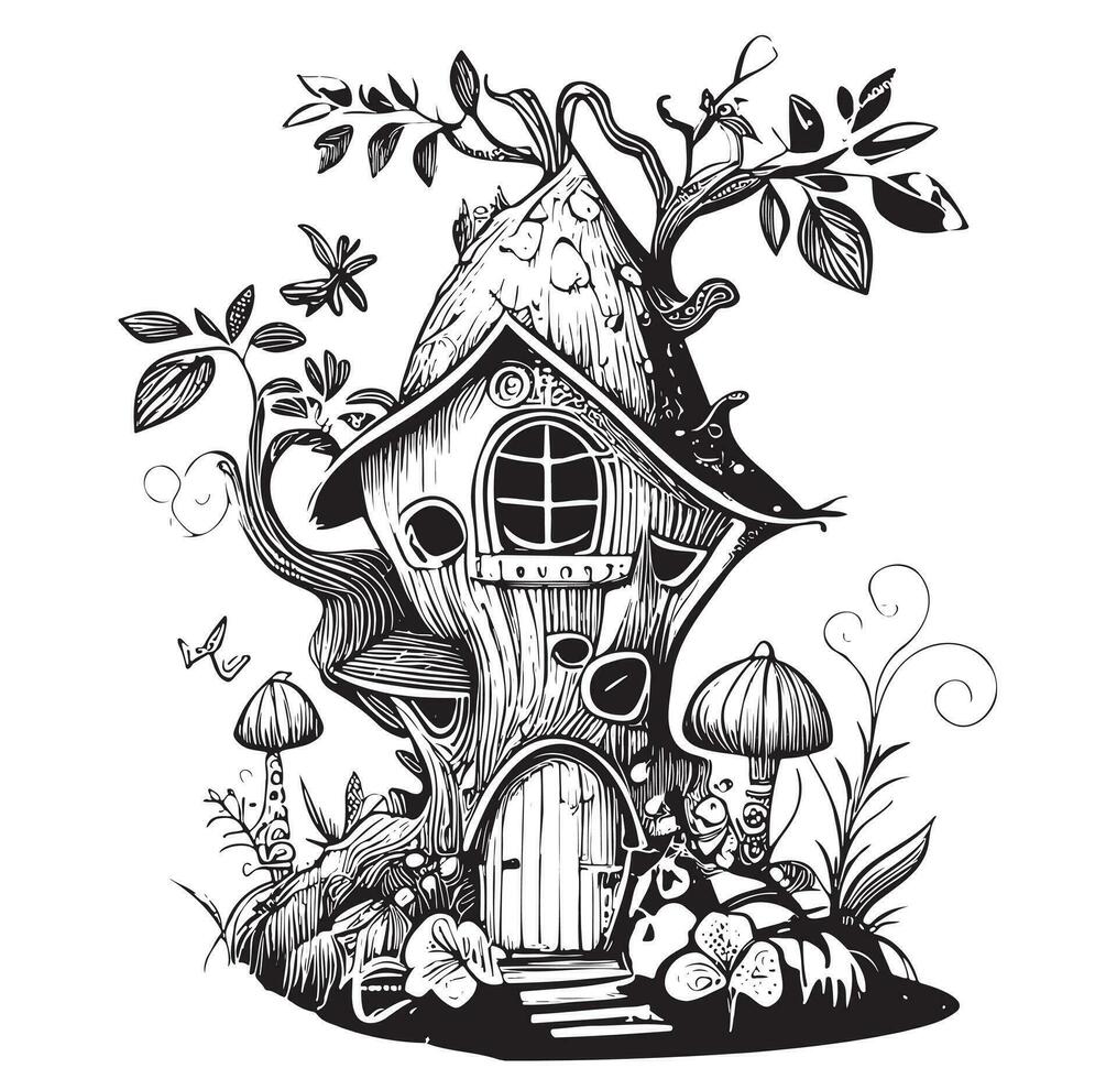 hada casa en el bosque mano dibujado bosquejo vector ilustración