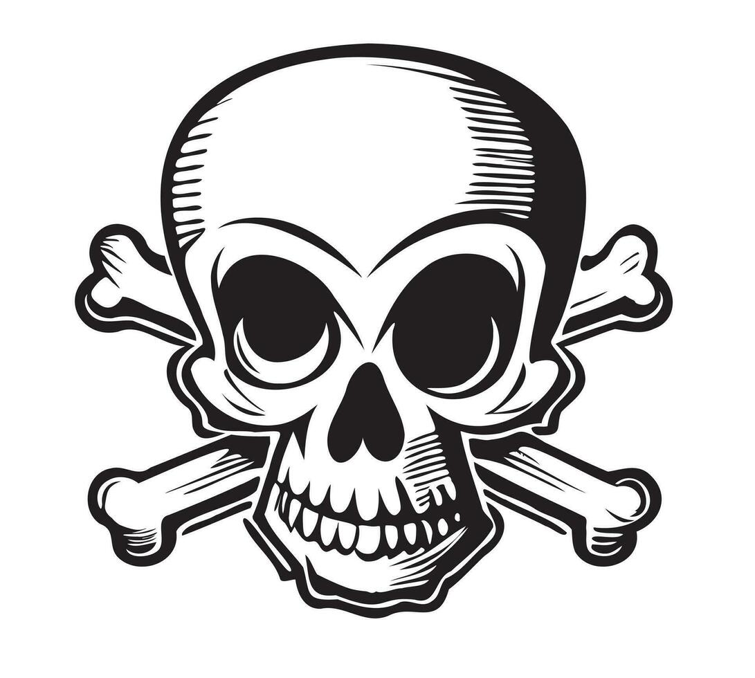 Cheerful skull with bones logo hand drawn sketch Halloween Vector illustration