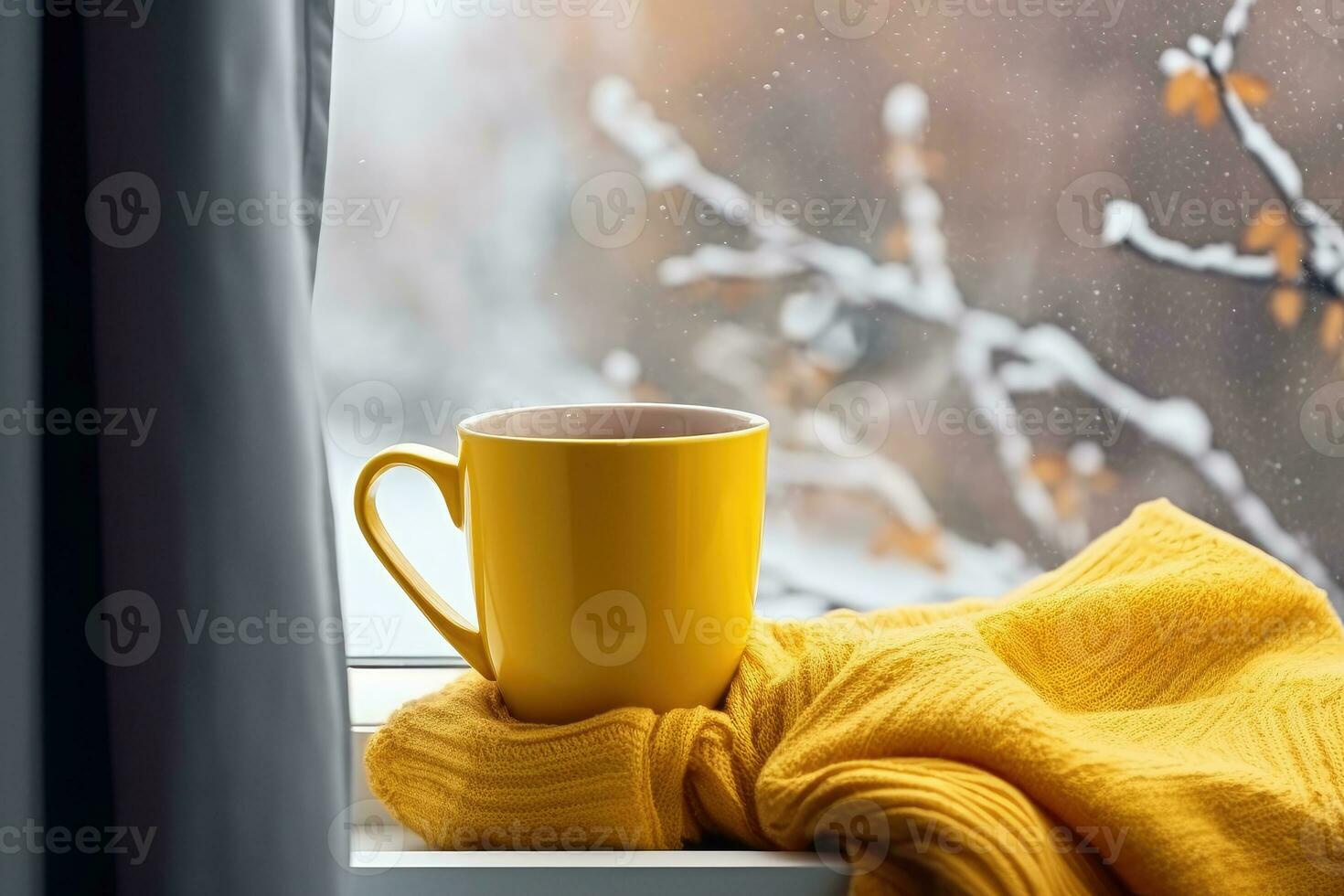 Cup of hot tea on window, yellow plaid and curtain , rain outside. AI Generated photo