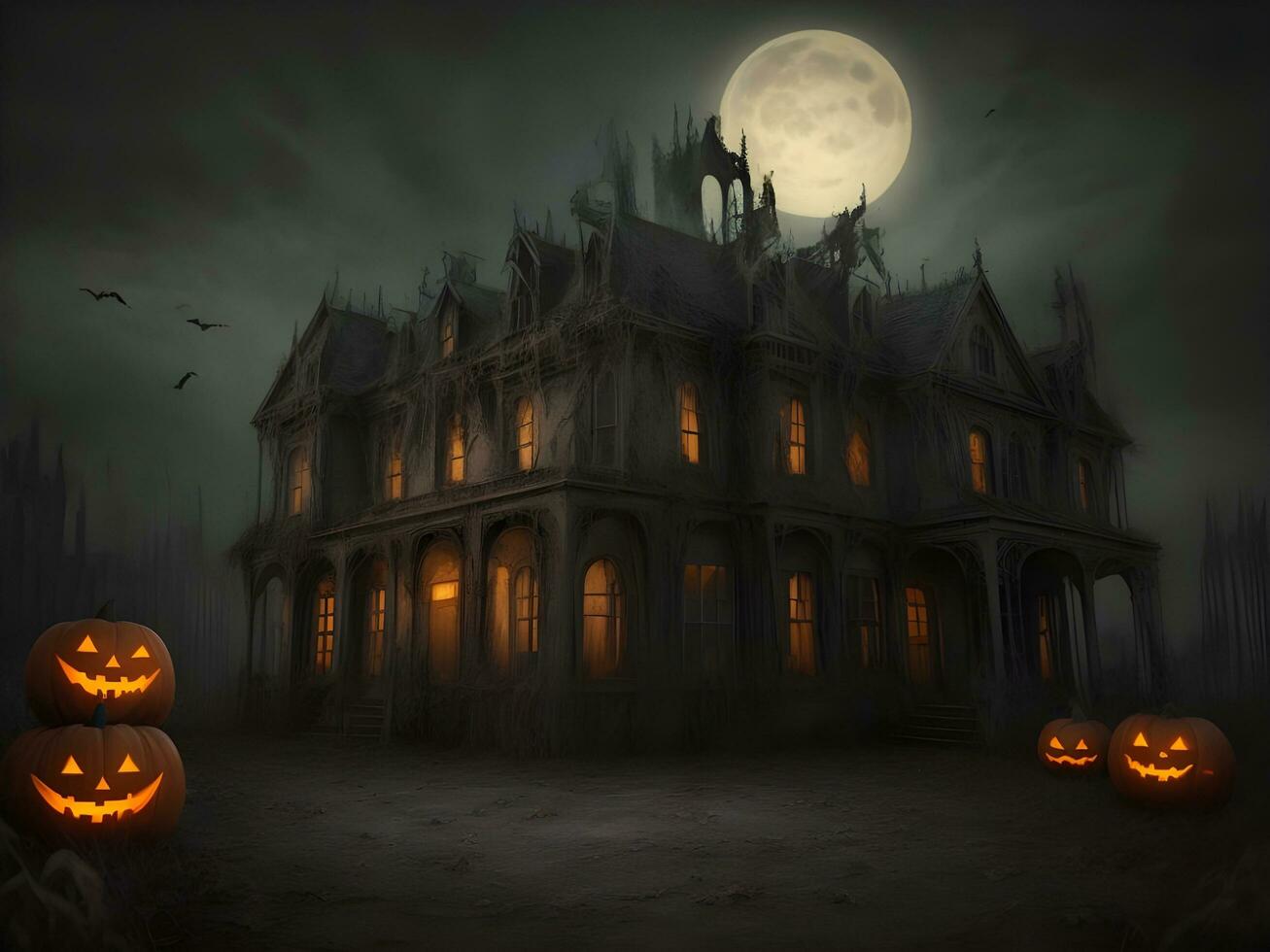 Halloween night with spooky house, bats and pumpkin background image photo