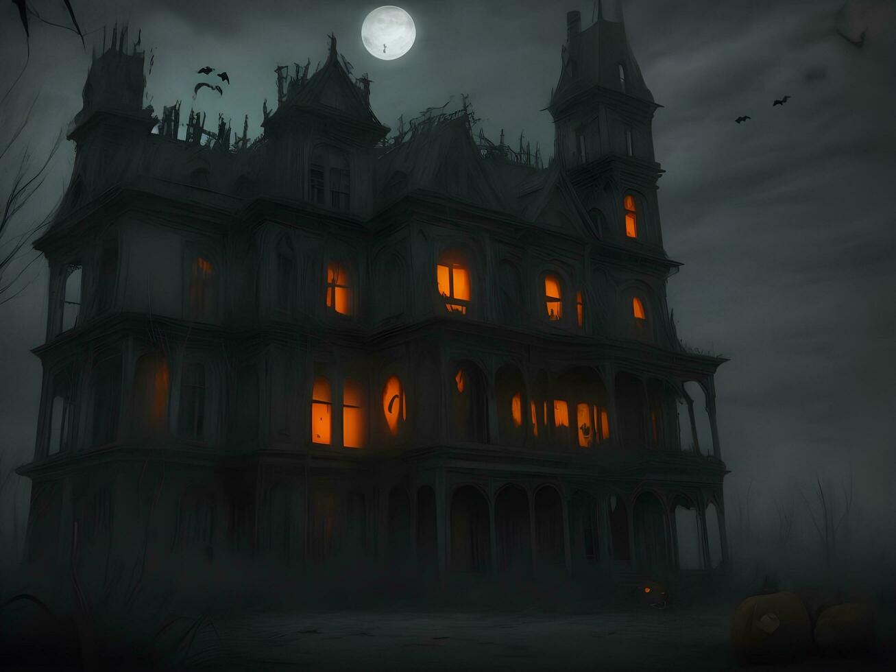 Halloween night with spooky house, bats and pumpkin background image photo