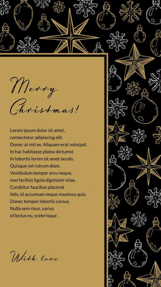 Merry Christmas and Happy New Year vertical greeting card with hand drawn golden five pointed stars and snowflakes. Vector illustration in sketch style. Social media stories template