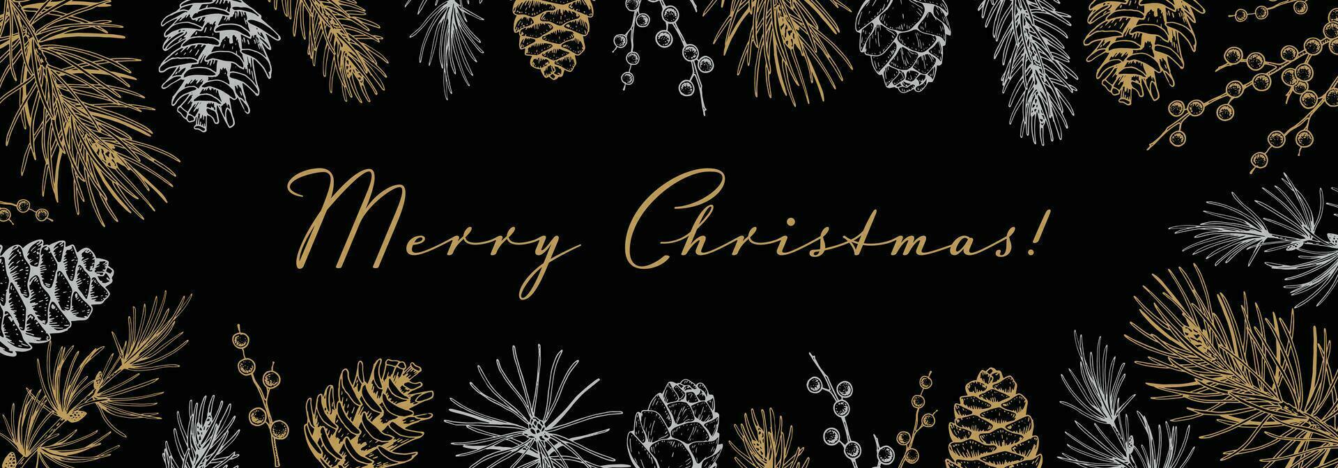 Merry Christmas and Happy New Year horizontal greeting card with hand drawn golden evergreen branches and cones on black background. Vector illustration in sketch style