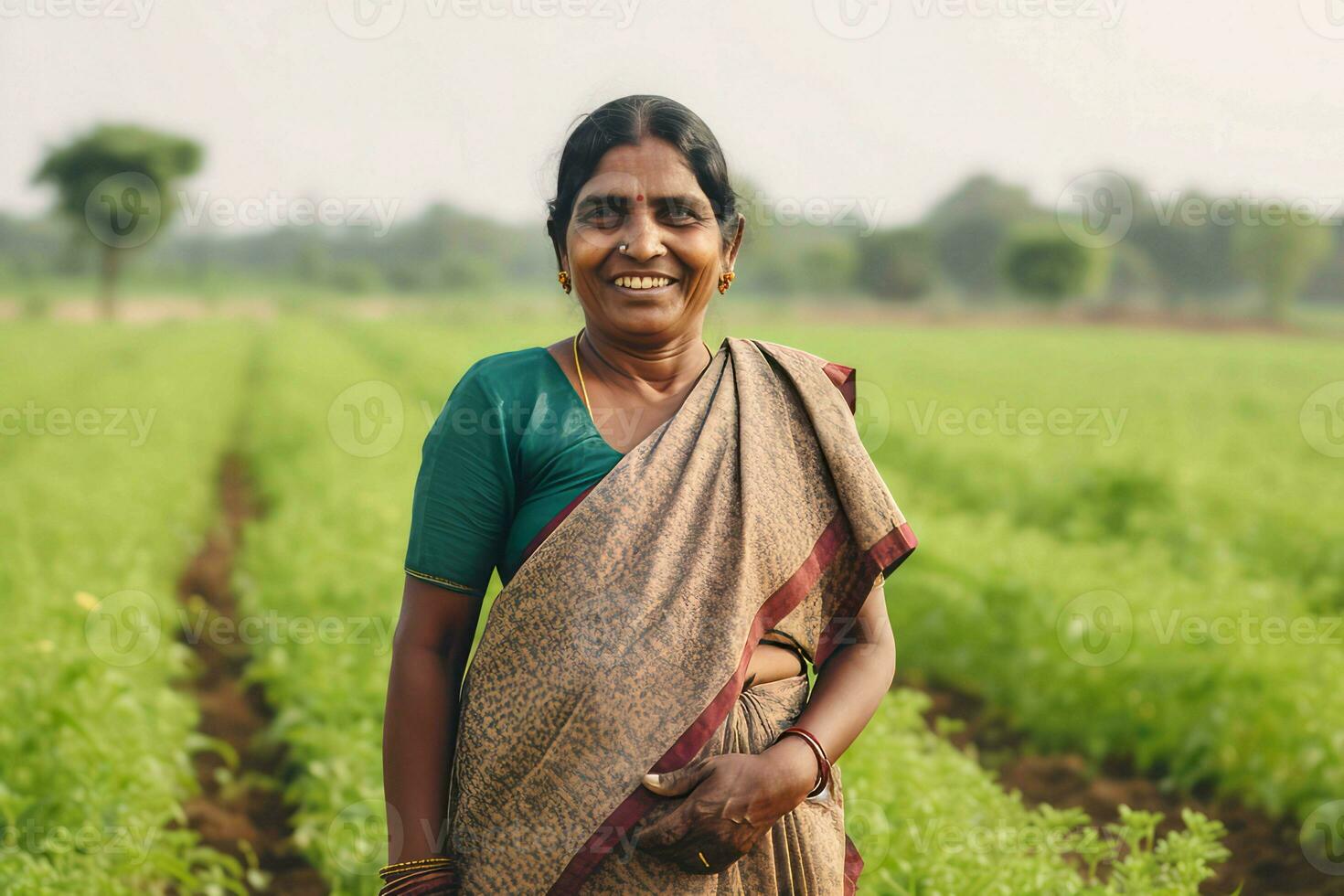 Woman indian farmer smiling. Generate Ai photo