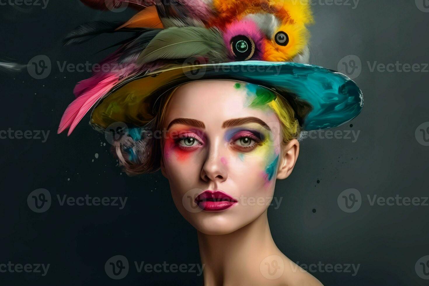 Colorful hat woman. Generate Ai photo