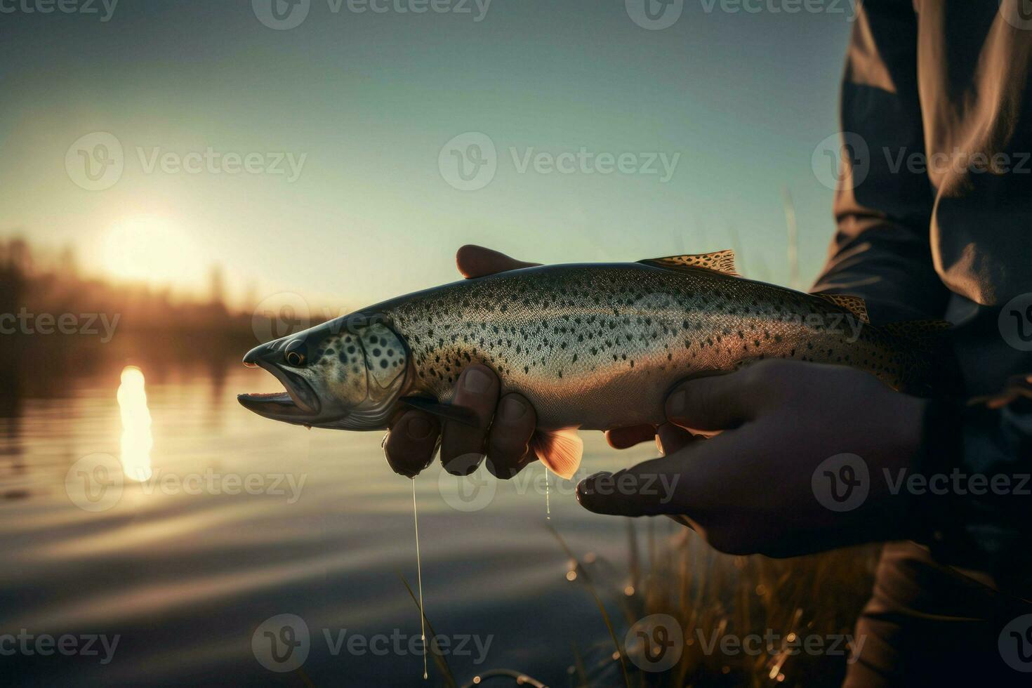 Man holding trout morning. Generate Ai photo