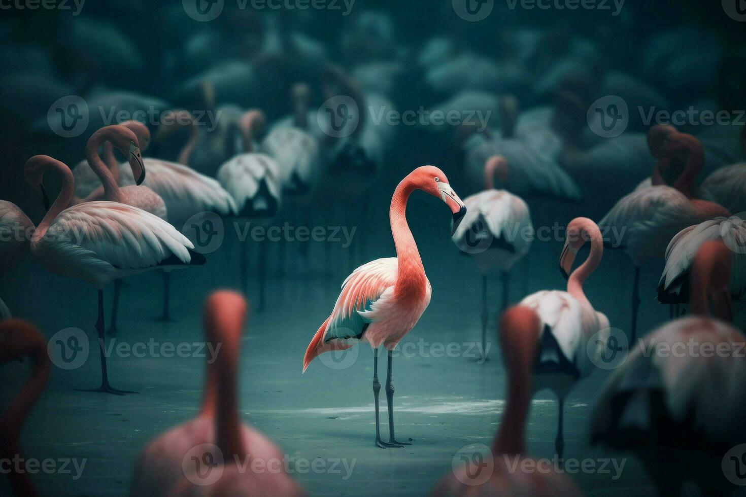 Flamingo group lake. Generate Ai photo