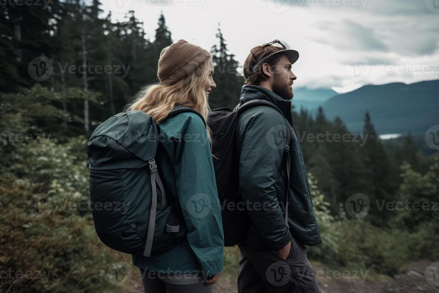 Couple backpack hiking mountains. Generate Ai photo