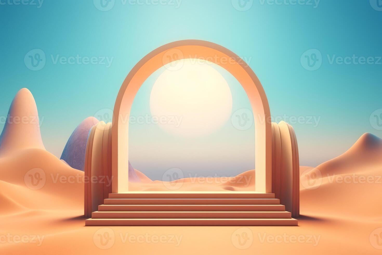 Arch surreal clouds desert. Generate Ai photo