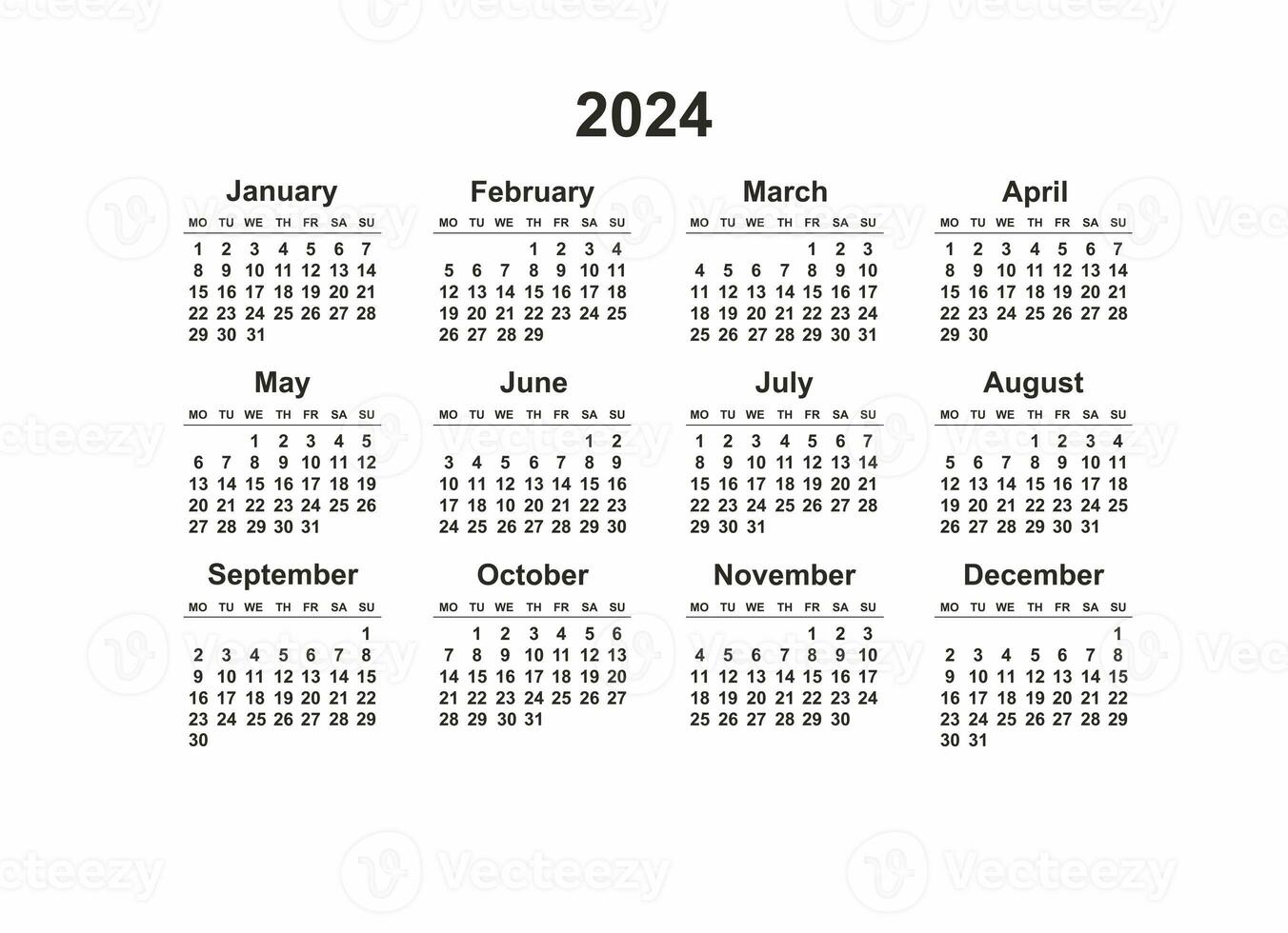2024 Monday Start Horizontal Black and White Calendar Template, Simple layout of pocket or wall calenders. Yearly Stationery organizer in minimal design photo