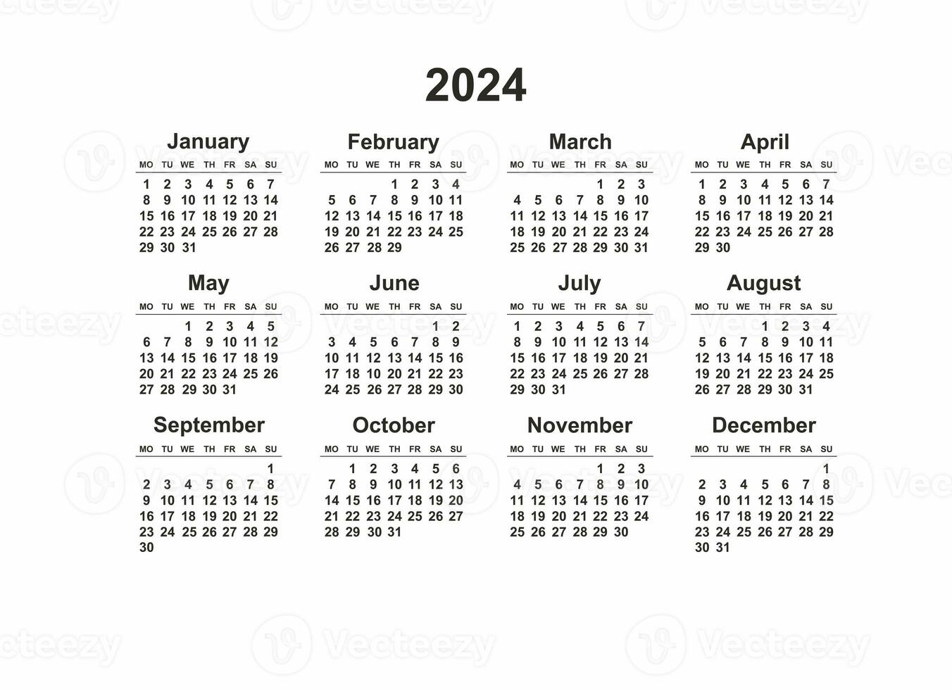 2024 lunes comienzo horizontal negro y blanco calendario plantilla, sencillo diseño de bolsillo o pared calendarios. anual papelería organizador en mínimo diseño foto