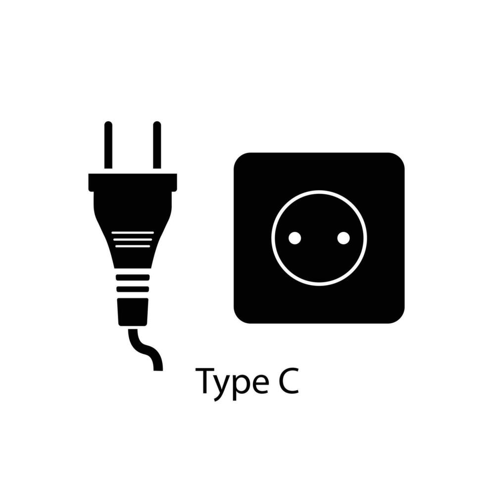 Type C plug and socket vector in silhouette style isolated on a white background. Outlet plug icon.