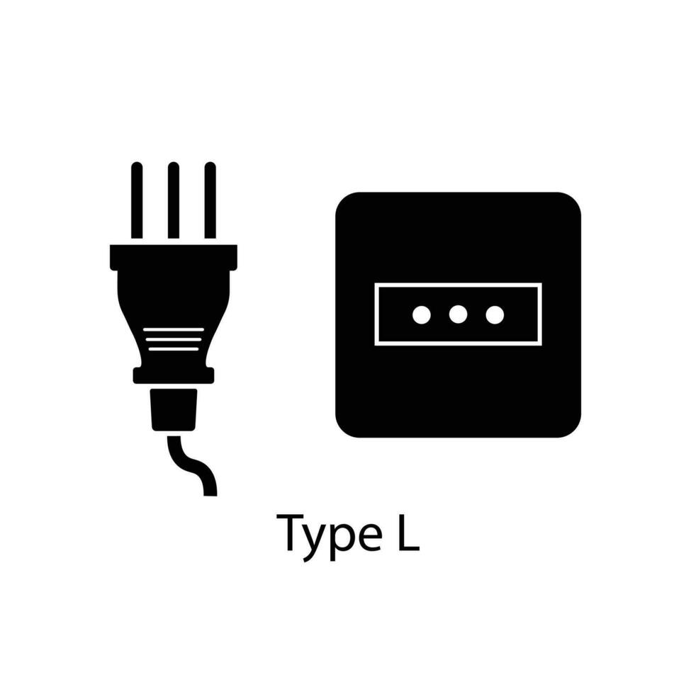 Type L plug and socket vector in silhouette style isolated on a white background. Outlet plug icon.