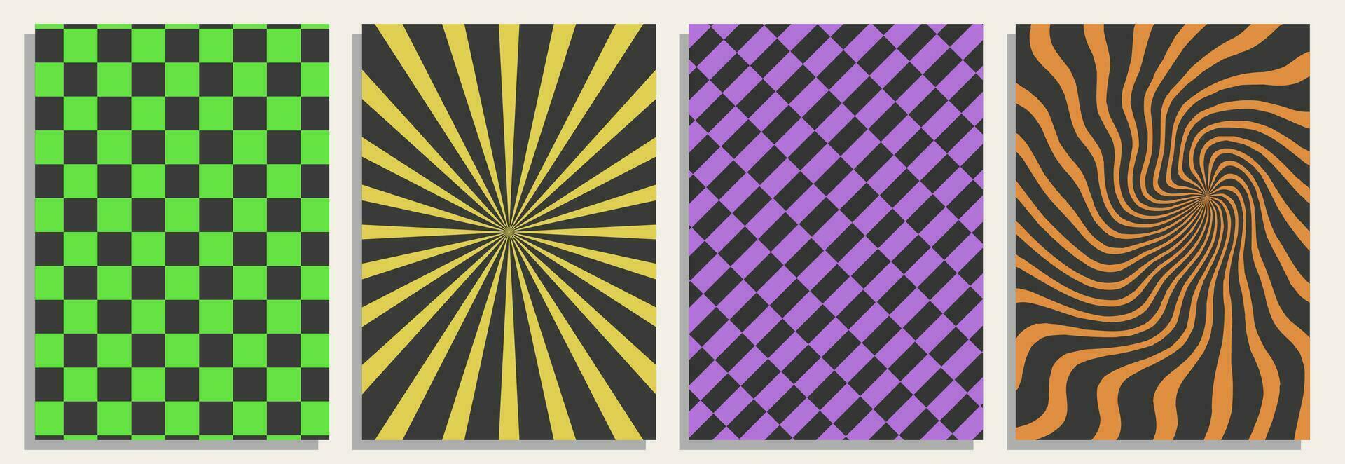 Four psychedelic retro backgrounds, templates, papers, covers, vector abstract graphics, 90s old fashioned backdrops.