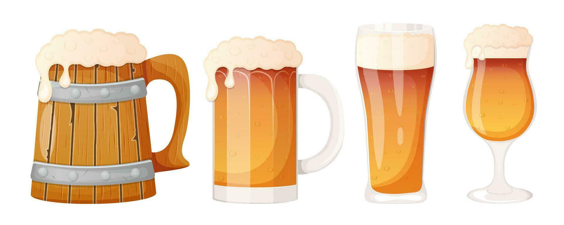 Beer in wooden and glass mug vector